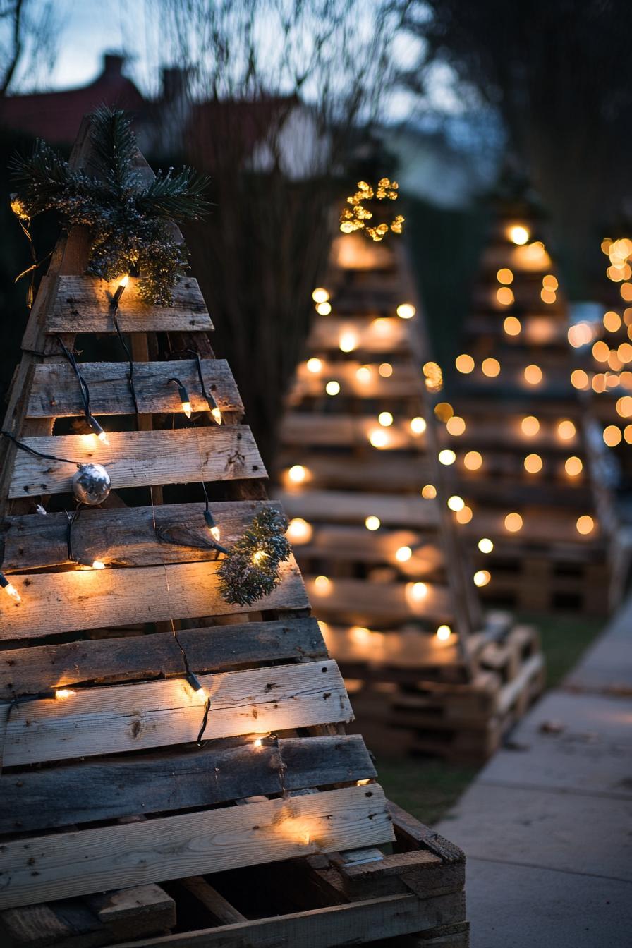 backyard Christmas decor with xmas trees made of pallet wood they are painted and decorated with fairy lights 2