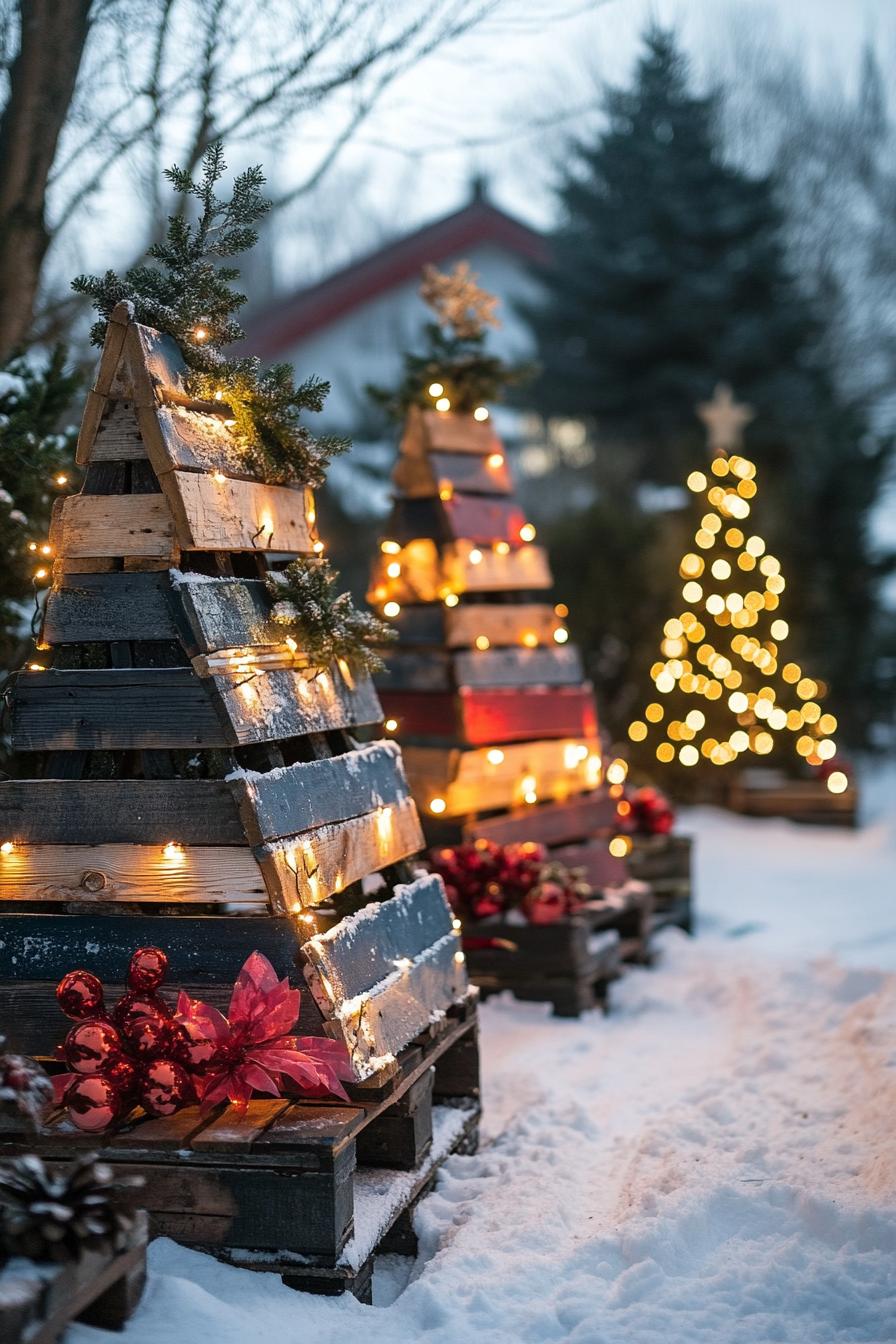 backyard Christmas decor with xmas trees made of pallet wood they are painted and decorated with fairy lights