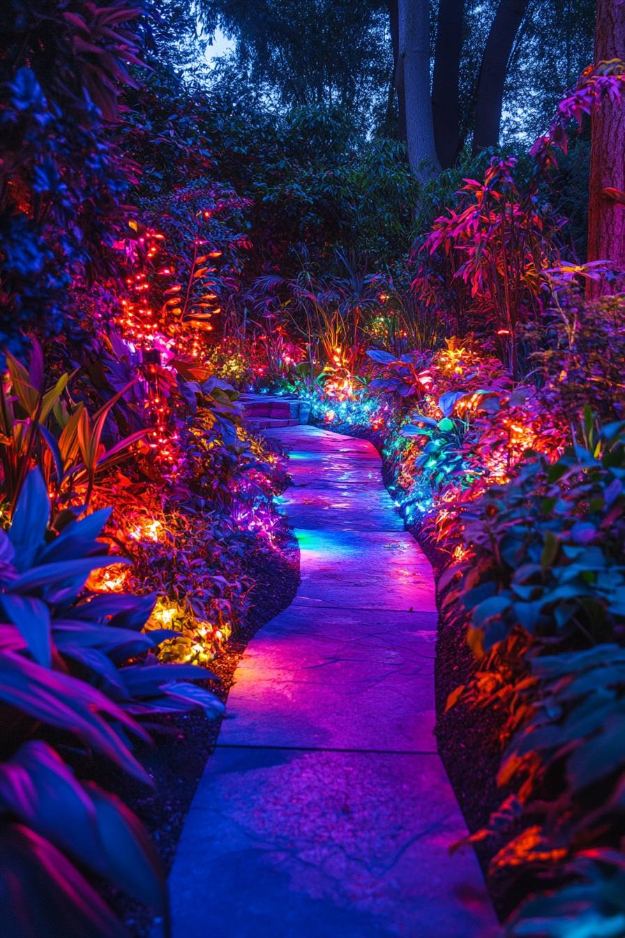 backyard garden with colorful LED lighting 1