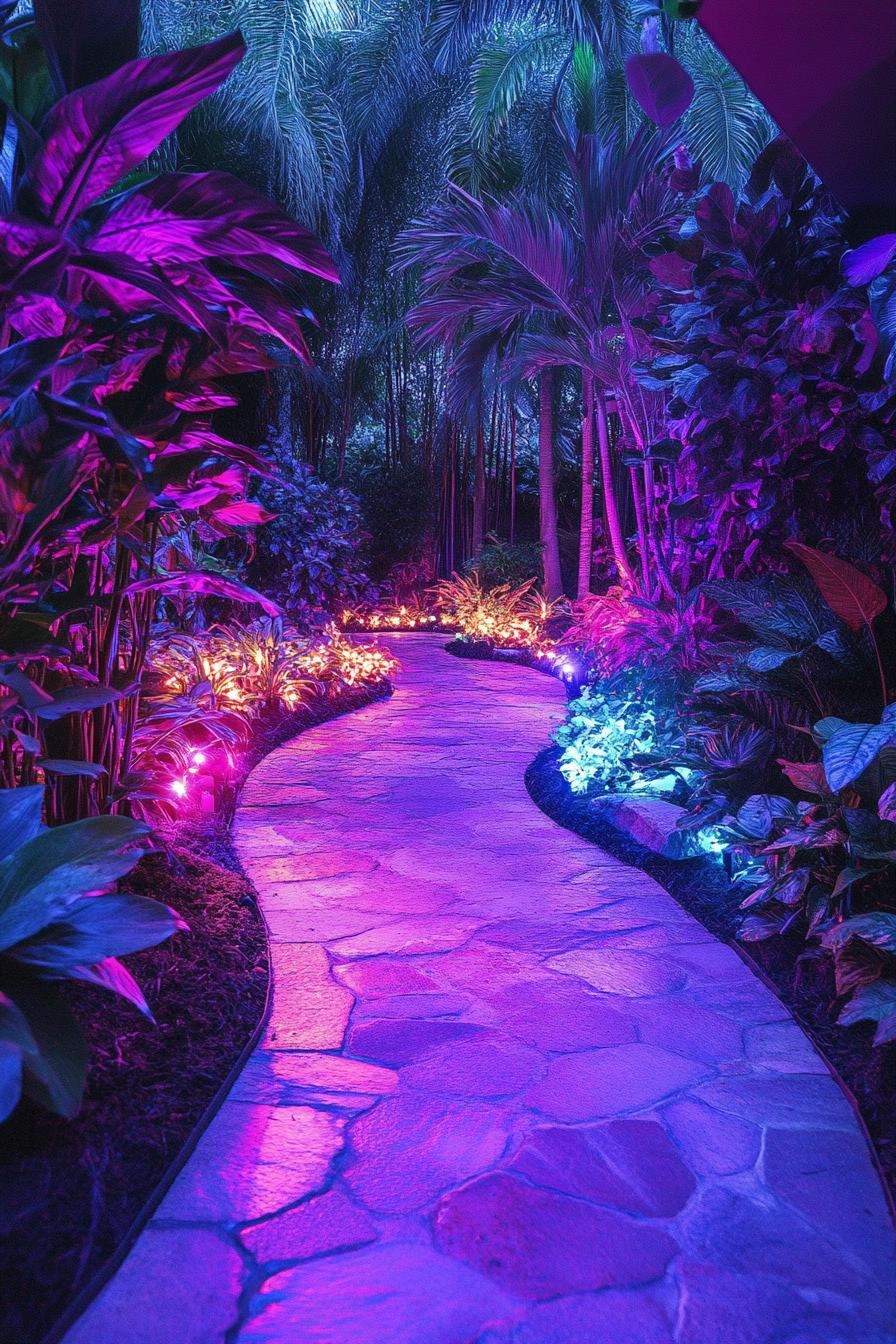 backyard garden with colorful LED lighting