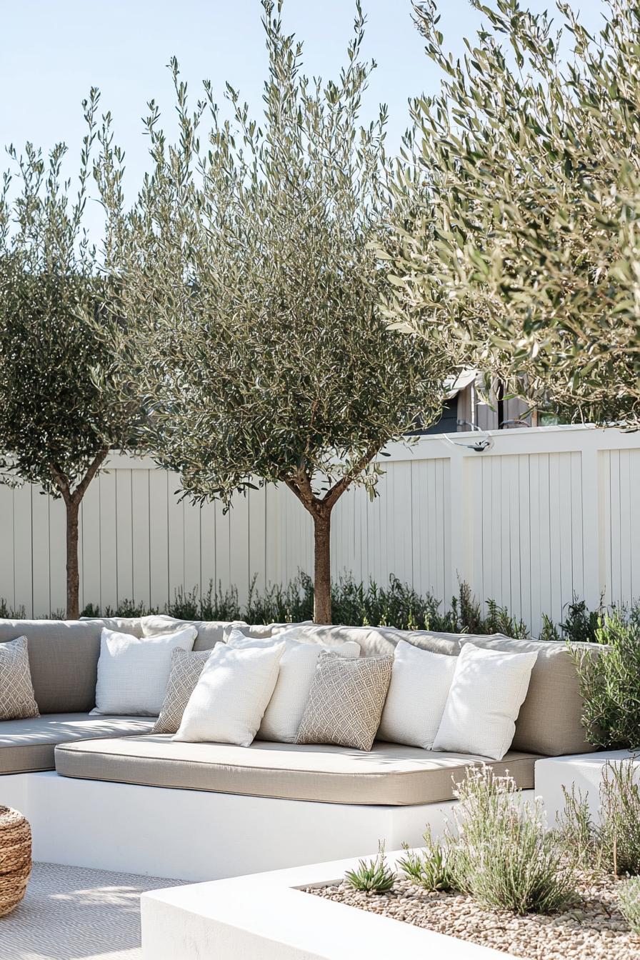 backyard landscaping with a tall white wooden fence lined with olive trees behind a white concrete curb terrazzo patio in front with outdoor lounge 1