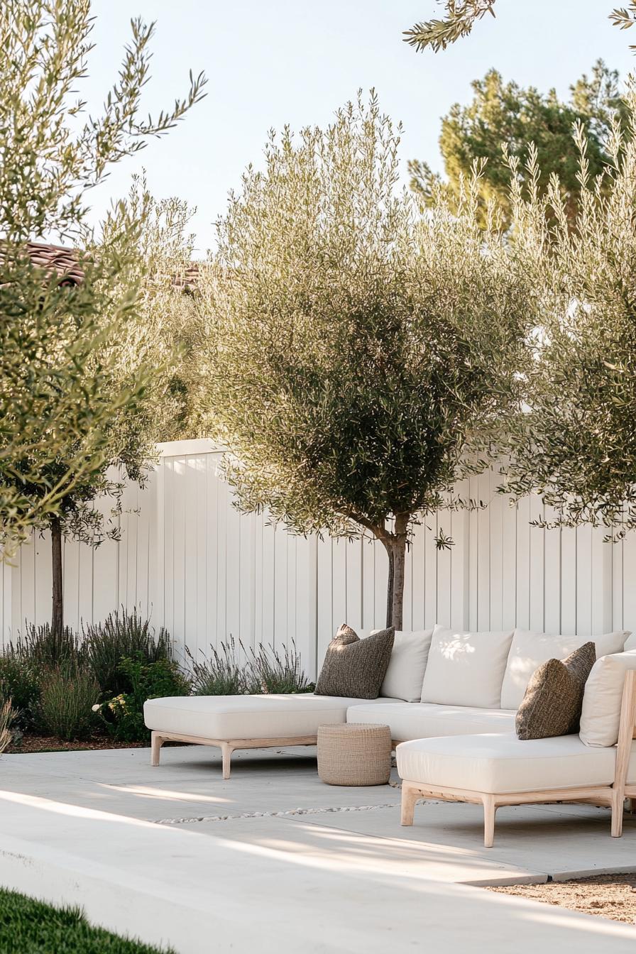 backyard landscaping with a tall white wooden fence lined with olive trees behind a white concrete curb terrazzo patio in front with outdoor lounge 2