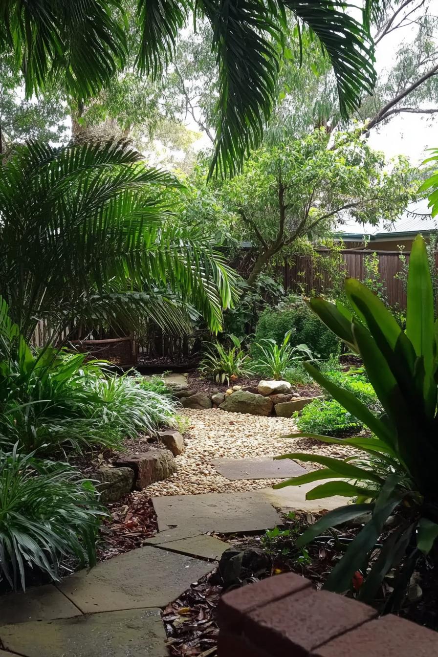 lush native australian backyard garden with native plants and slowers surrounded with small australian palms 1