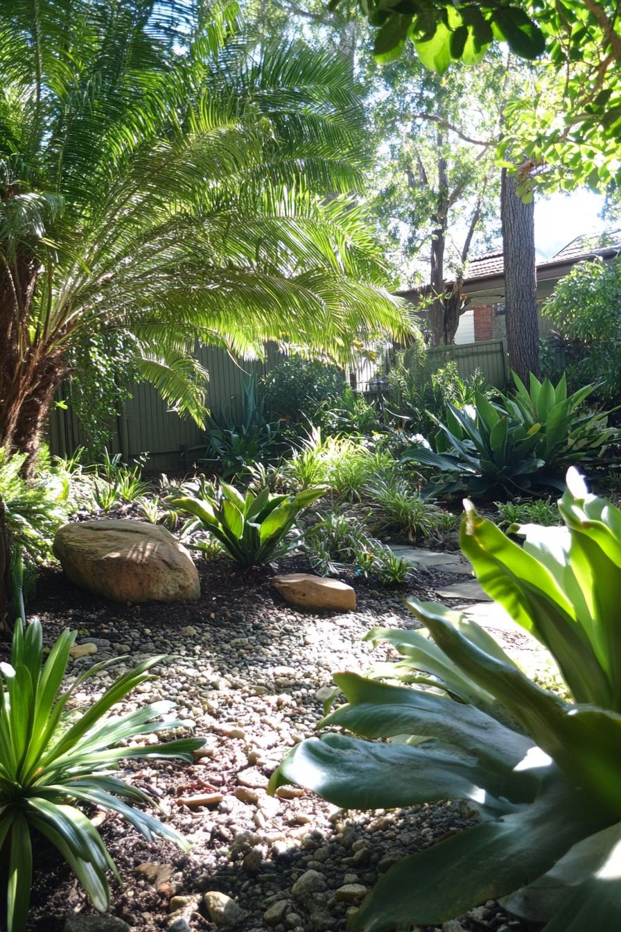 lush native australian backyard garden with native plants and slowers surrounded with small australian palms 2