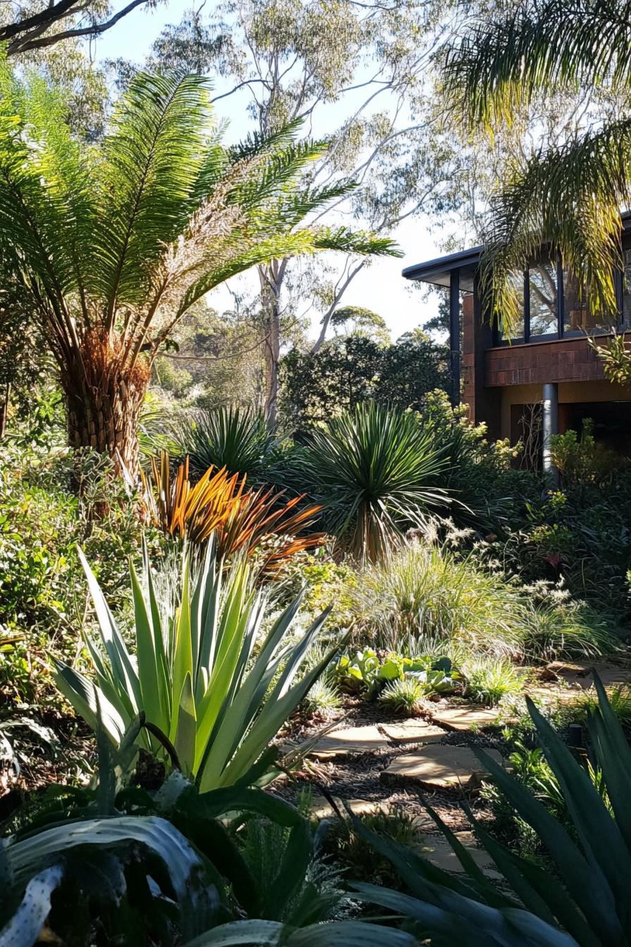 lush native australian backyard garden with native plants and slowers surrounded with small australian palms 3