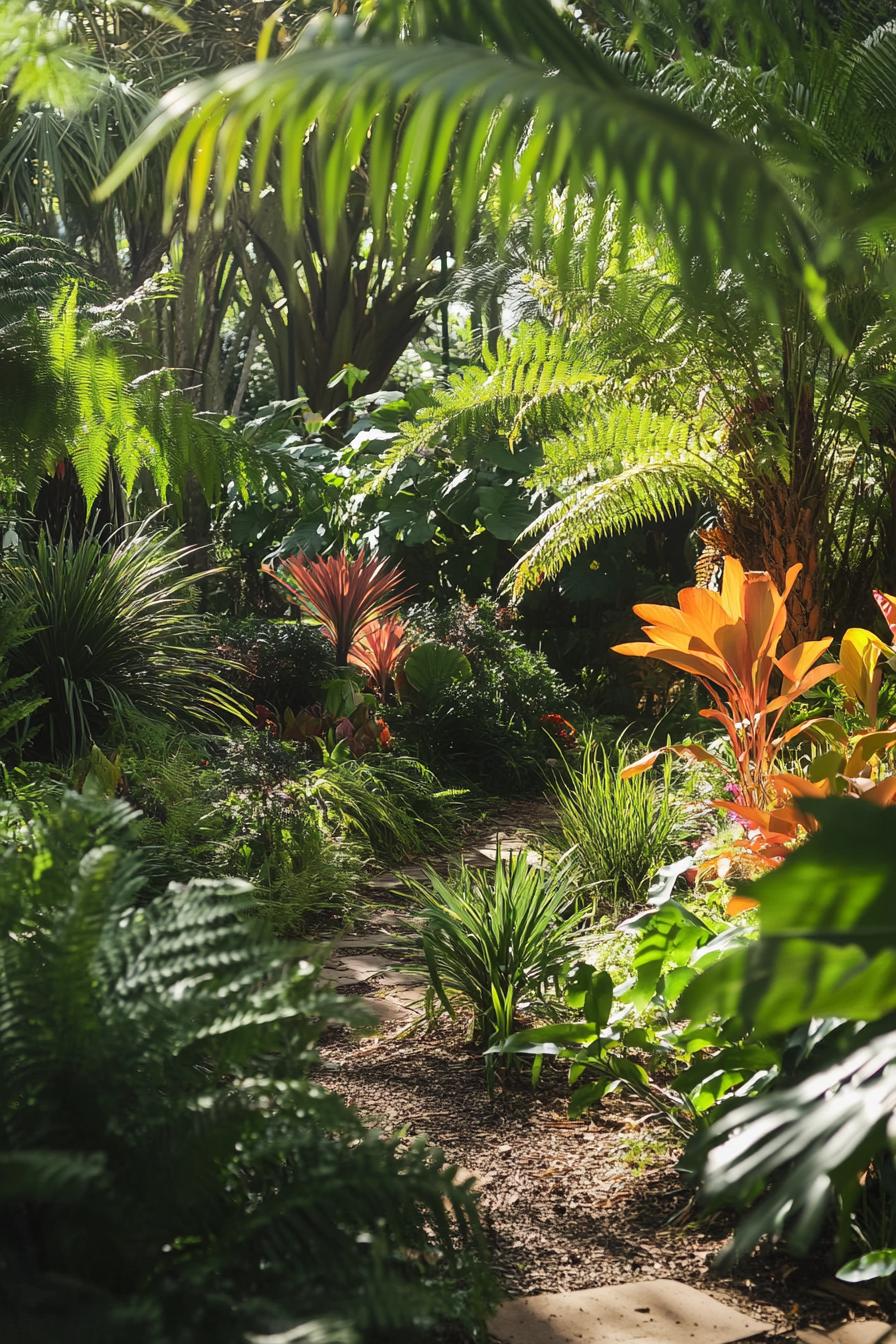 lush native australian backyard garden with native plants and slowers surrounded with small australian palms