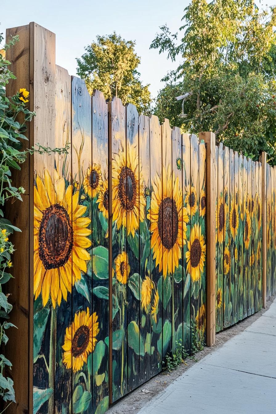 modern garden wooden panel fence with a mural art of sunflower field 1