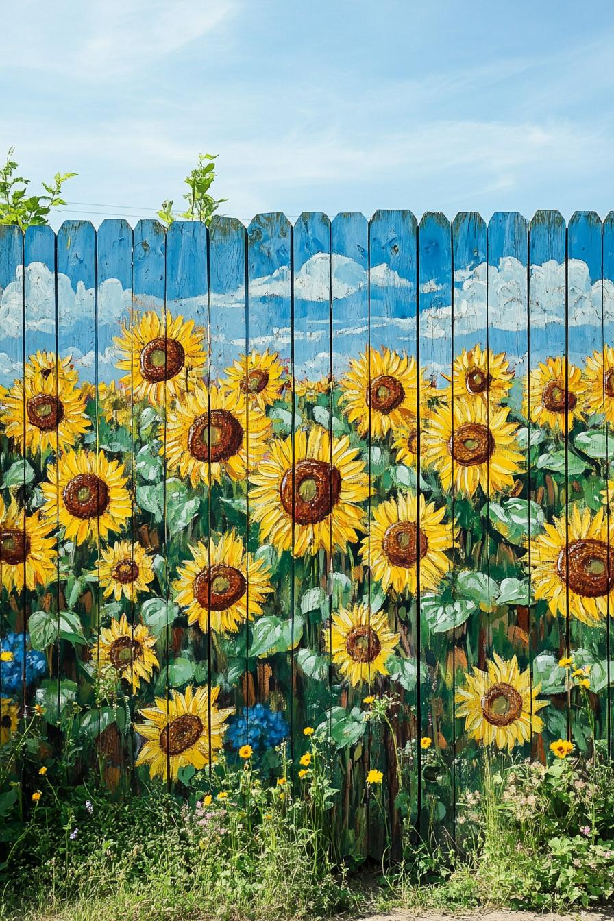 modern garden wooden panel fence with a mural art of sunflower field 2