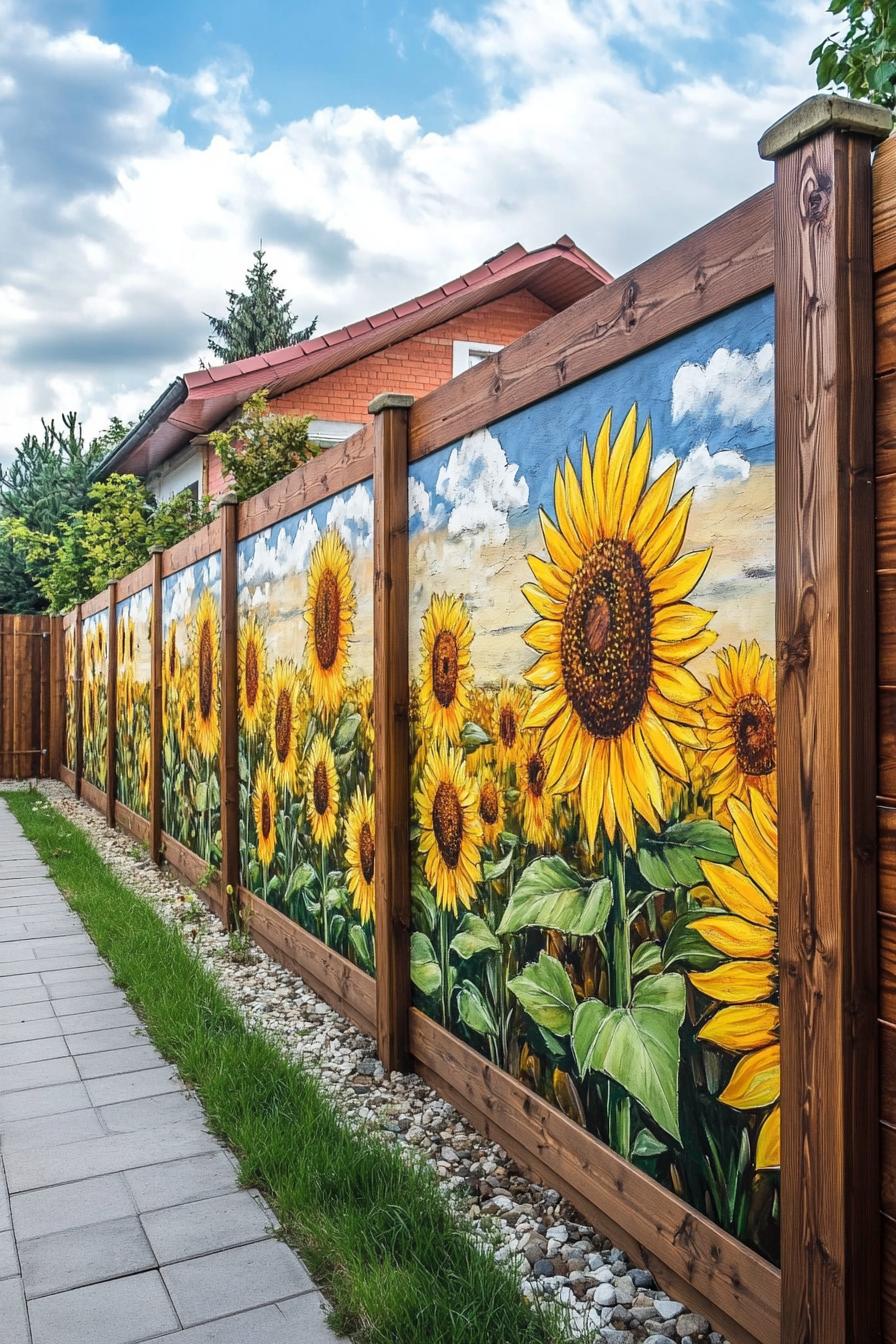 modern garden wooden panel fence with a mural art of sunflower field