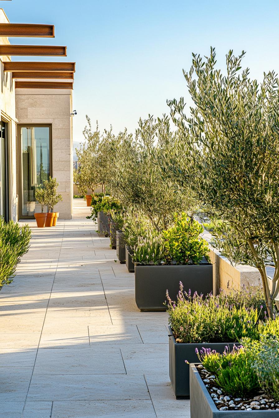 modern mediterranean rooftop garden with potted native plants and small olive trees 1