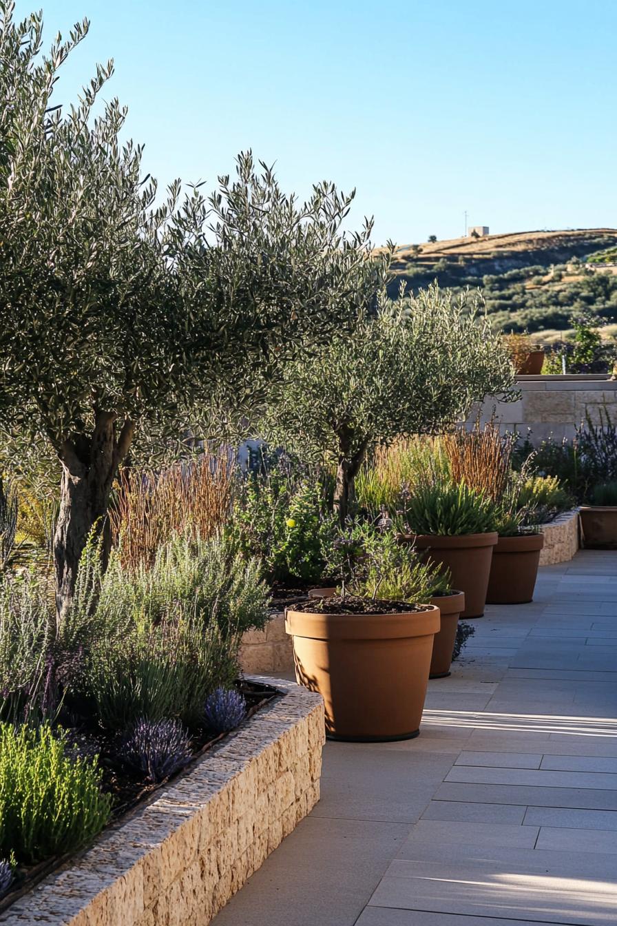 modern mediterranean rooftop garden with potted native plants and small olive trees 2