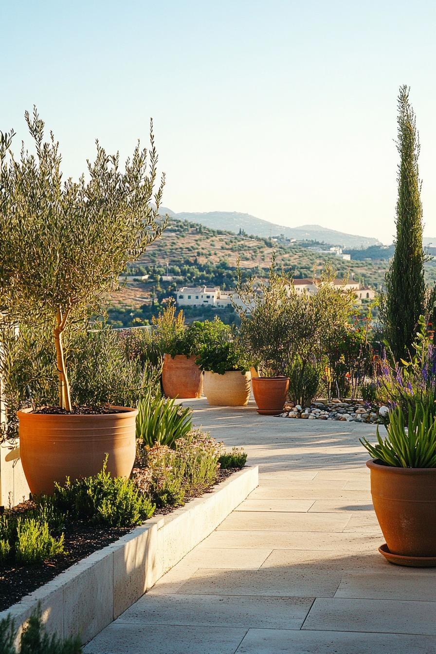 modern mediterranean rooftop garden with potted native plants and small olive trees 3