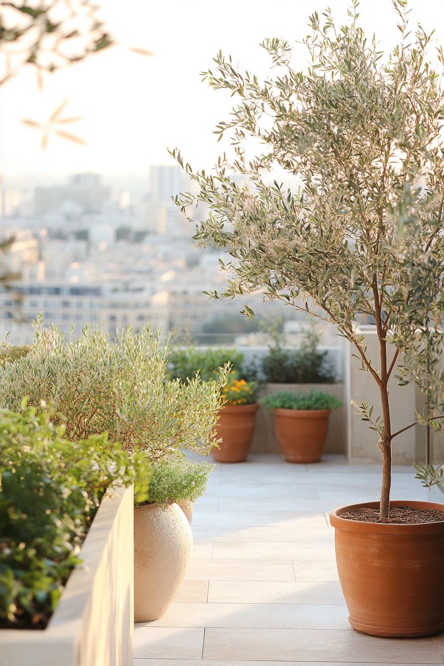 modern mediterranean rooftop garden with potted native plants and small olive trees