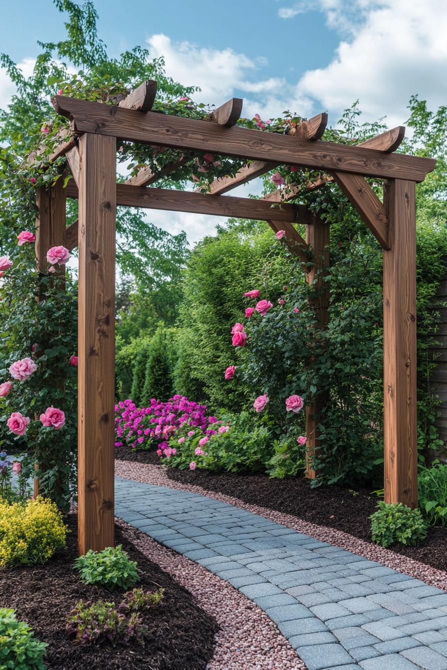 modern wooden garden frame structure with climber vine roses mulch and paver path 1