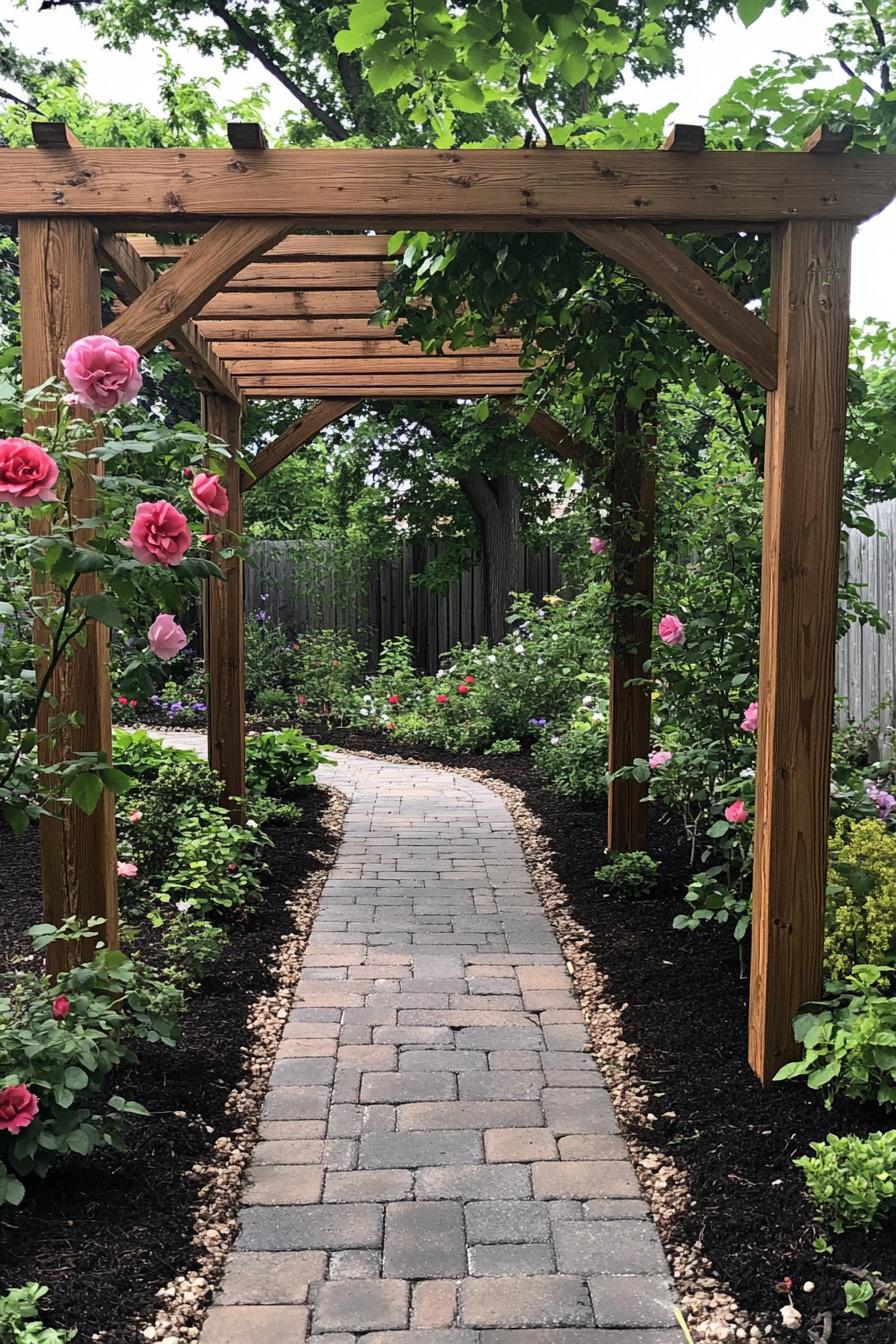 modern wooden garden frame structure with climber vine roses mulch and paver path 2