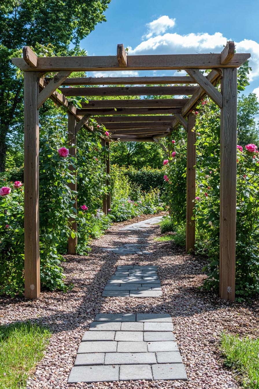 modern wooden garden frame structure with climber vine roses mulch and paver path 3