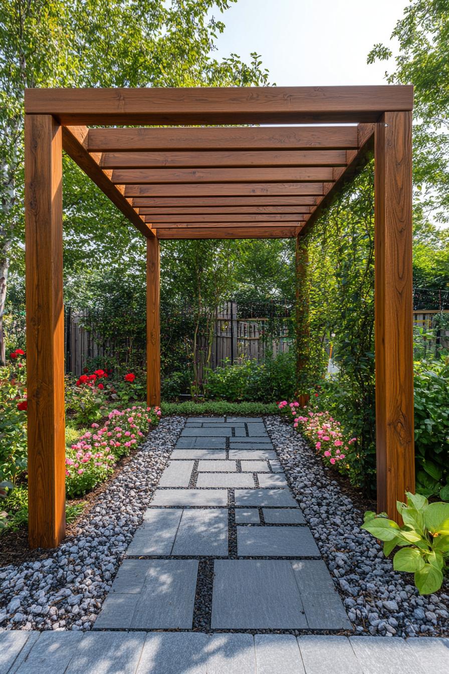 modern wooden garden frame structure with climber vine roses mulch and paver path