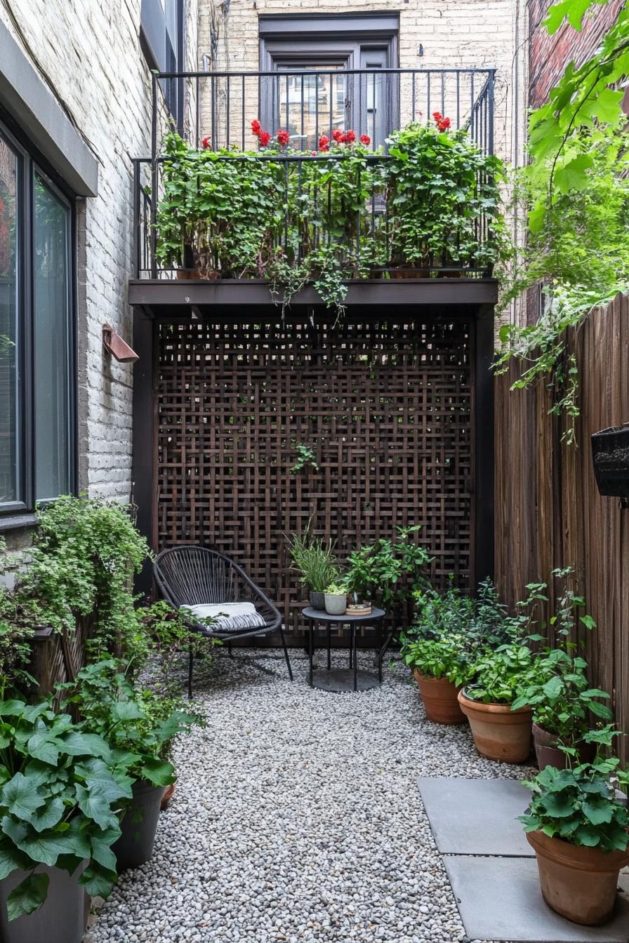 tiny patio garden between house walls there is a modern wooden lattice with vine there is a metal fence potted plants lounge chair and small side 1