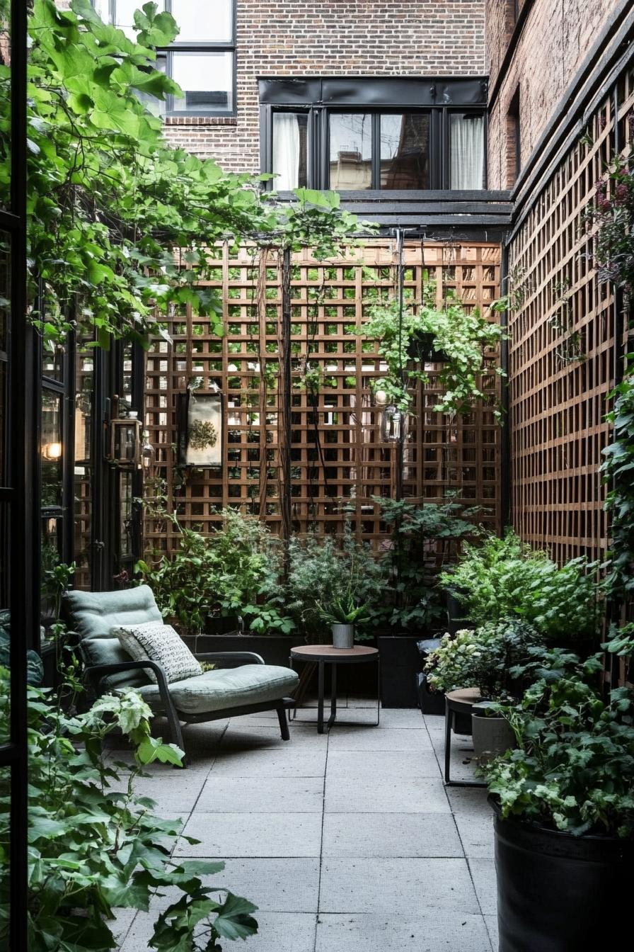 tiny patio garden between house walls there is a modern wooden lattice with vine there is a metal fence potted plants lounge chair and small side 2