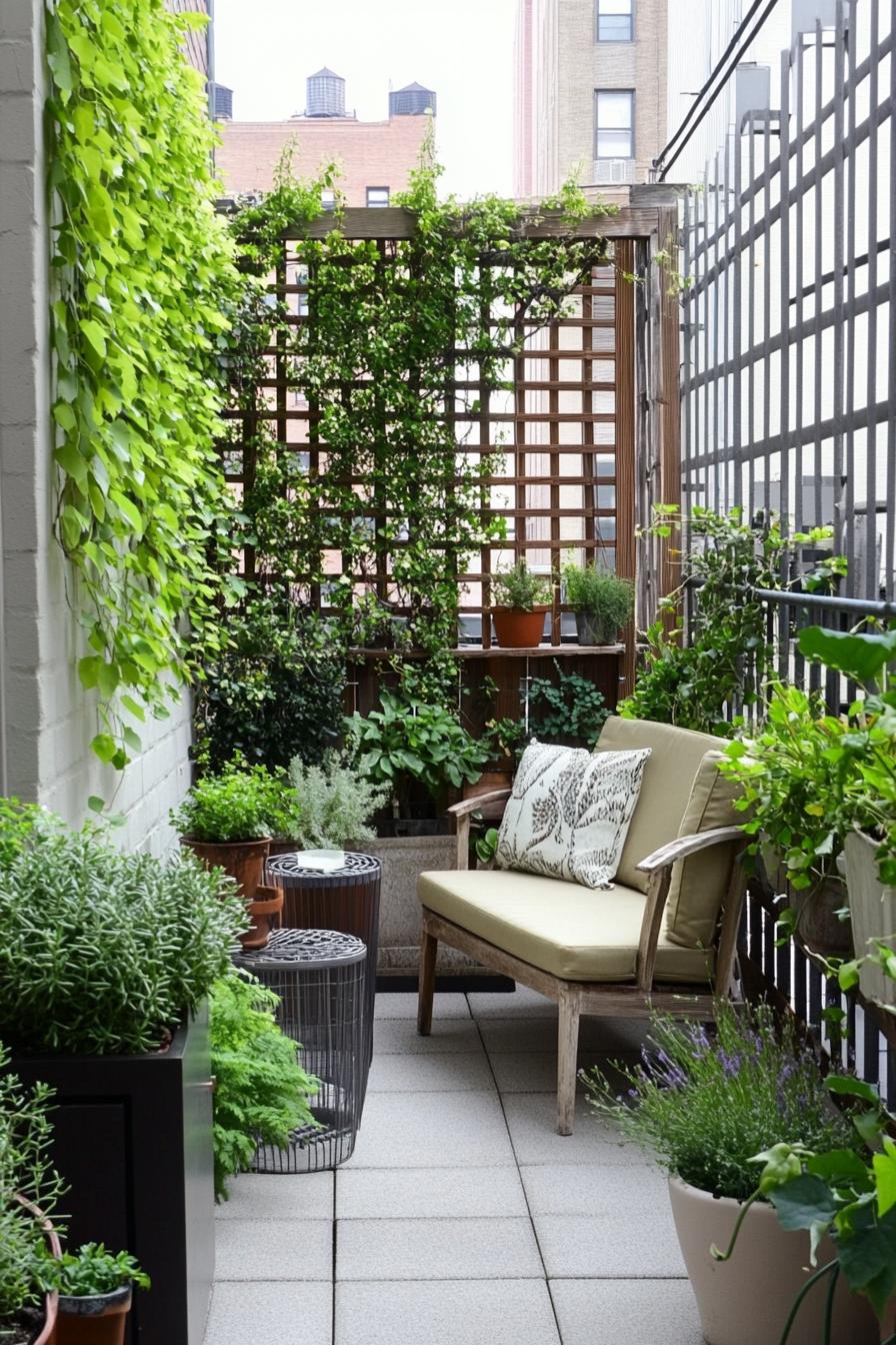 tiny patio garden between house walls there is a modern wooden lattice with vine there is a metal fence potted plants lounge chair and small side 3