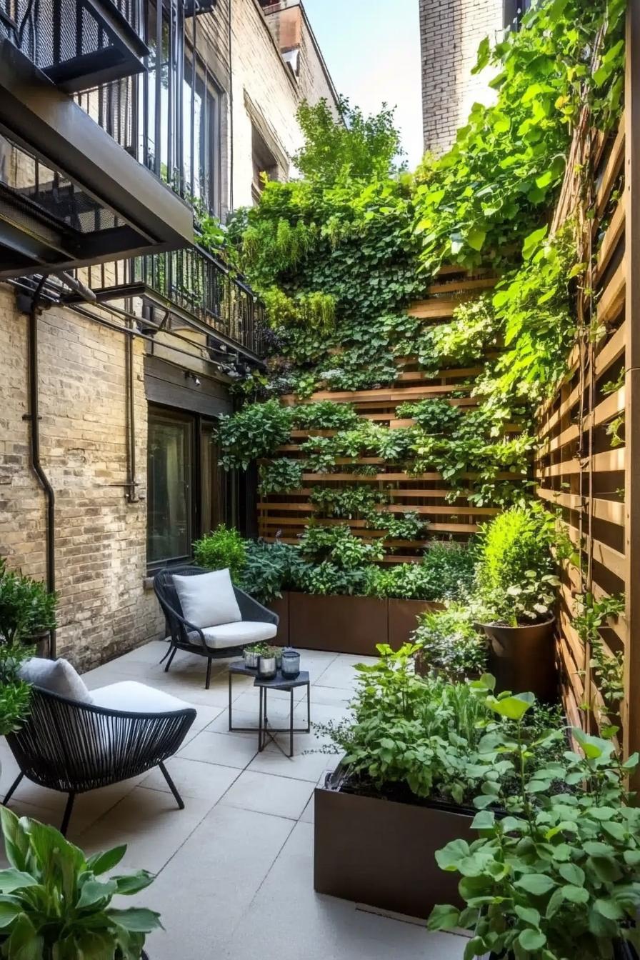 tiny patio garden between house walls there is a modern wooden lattice with vine there is a metal fence potted plants lounge chair and small side 4