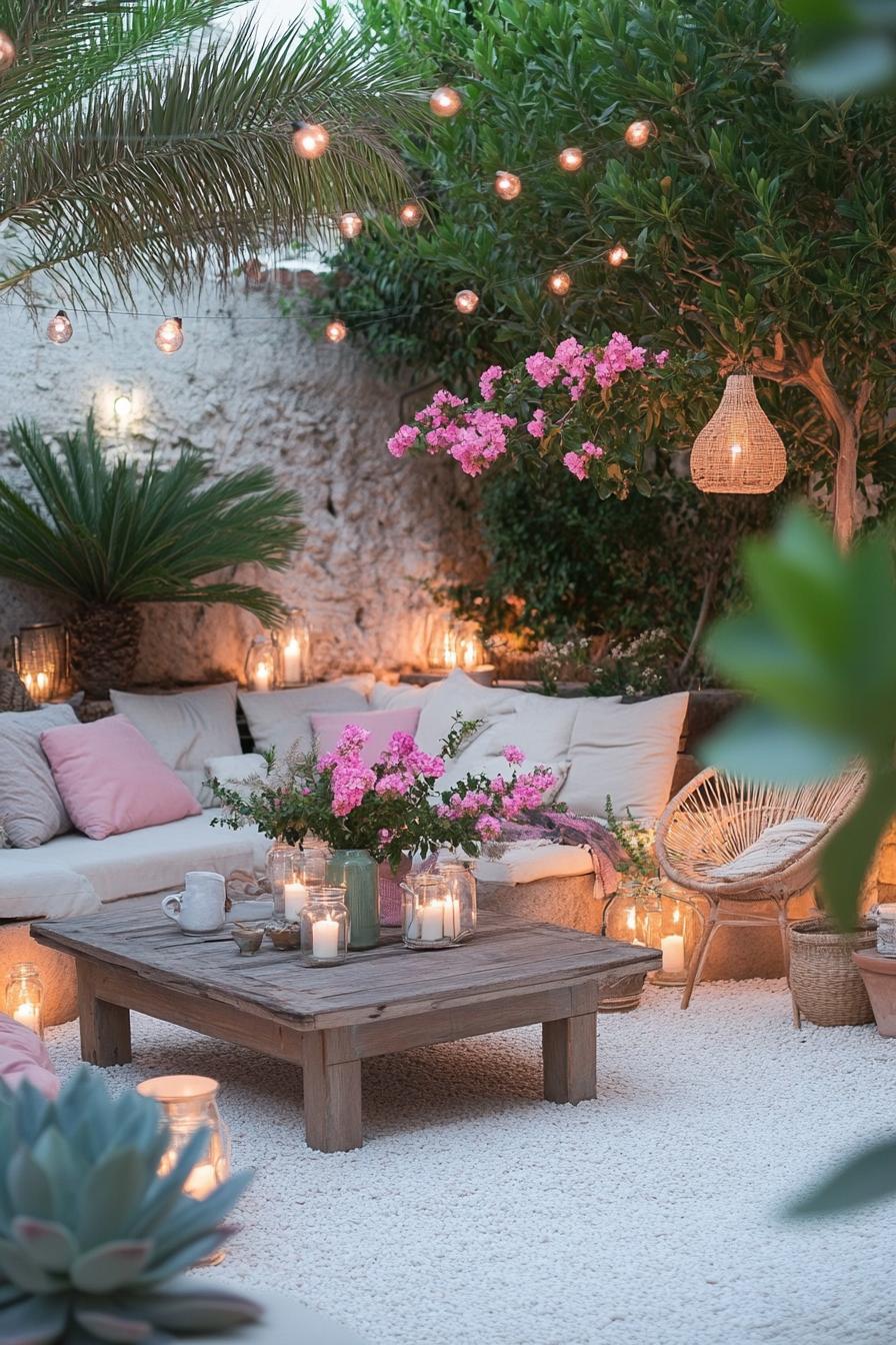 Cozy outdoor lounge with cushions, wooden table, and string lights