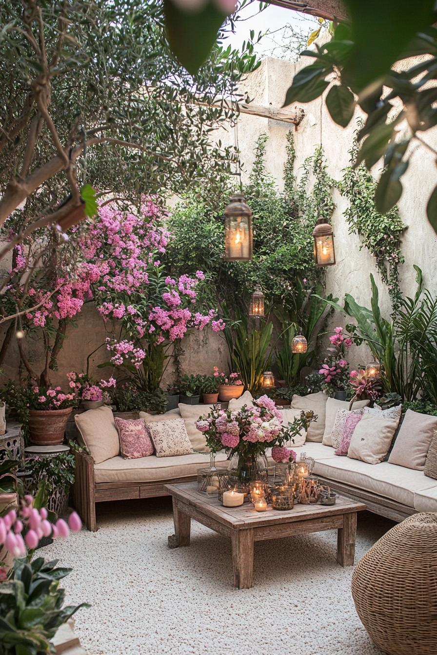 Lush garden corner with seating and lanterns