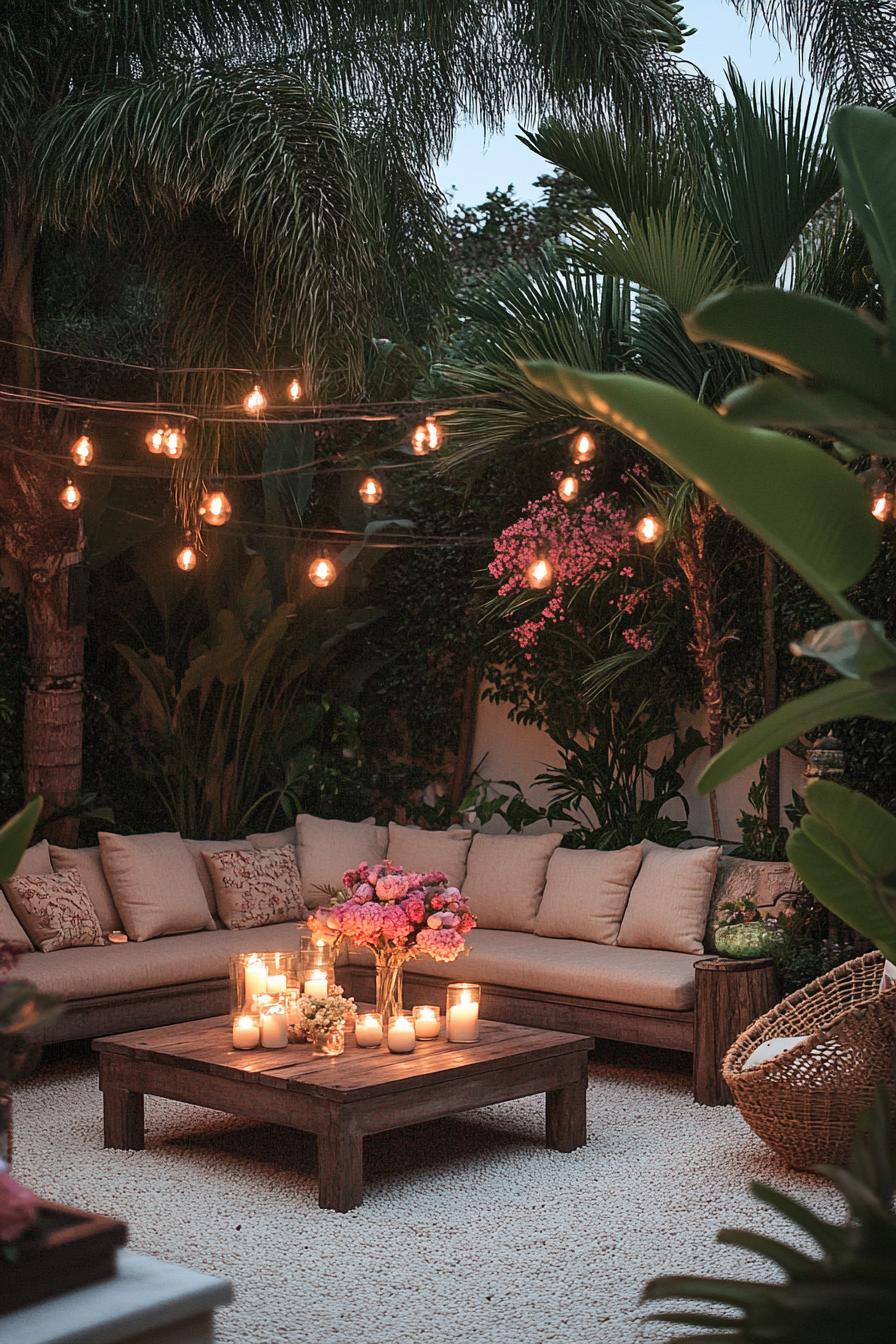 Cozy outdoor seating area with string lights and candles