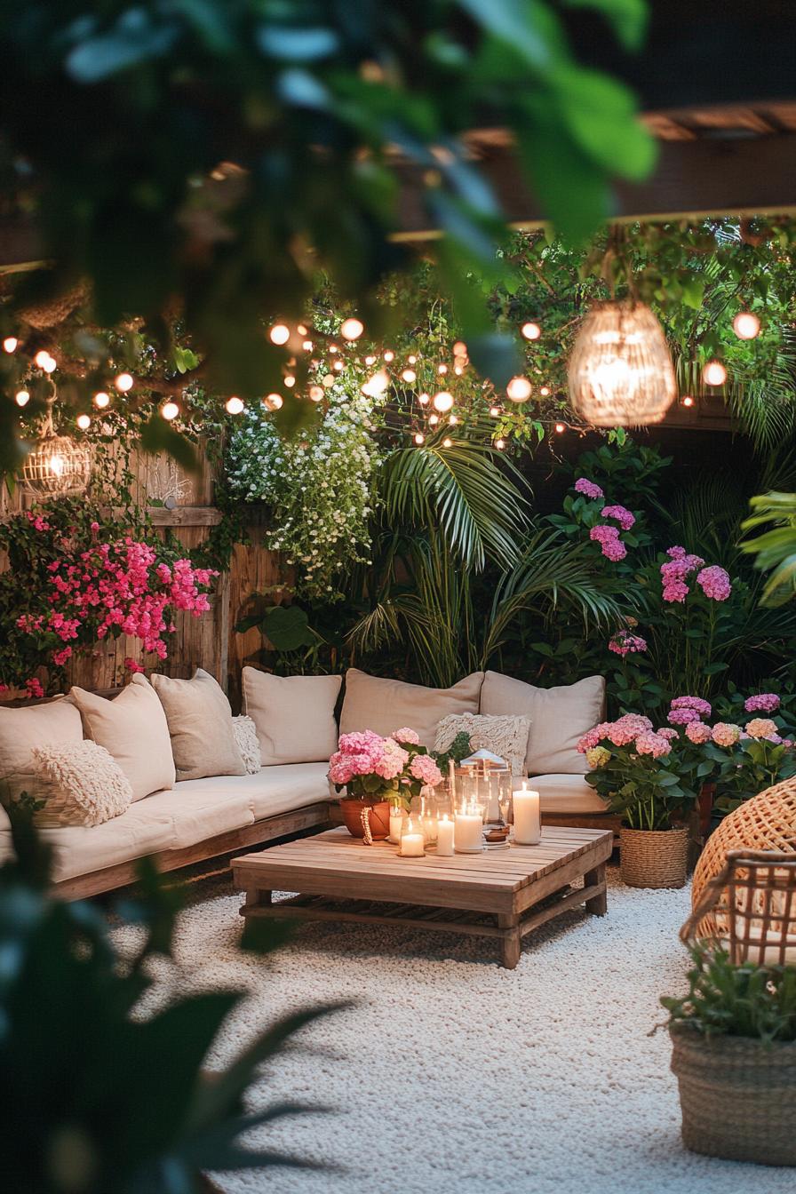 Cozy garden nook with candles and flowers