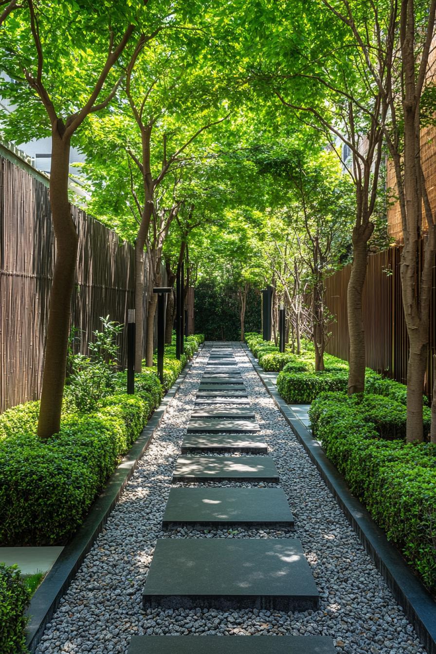 Pathway with stone slabs surrounded by lush greenery