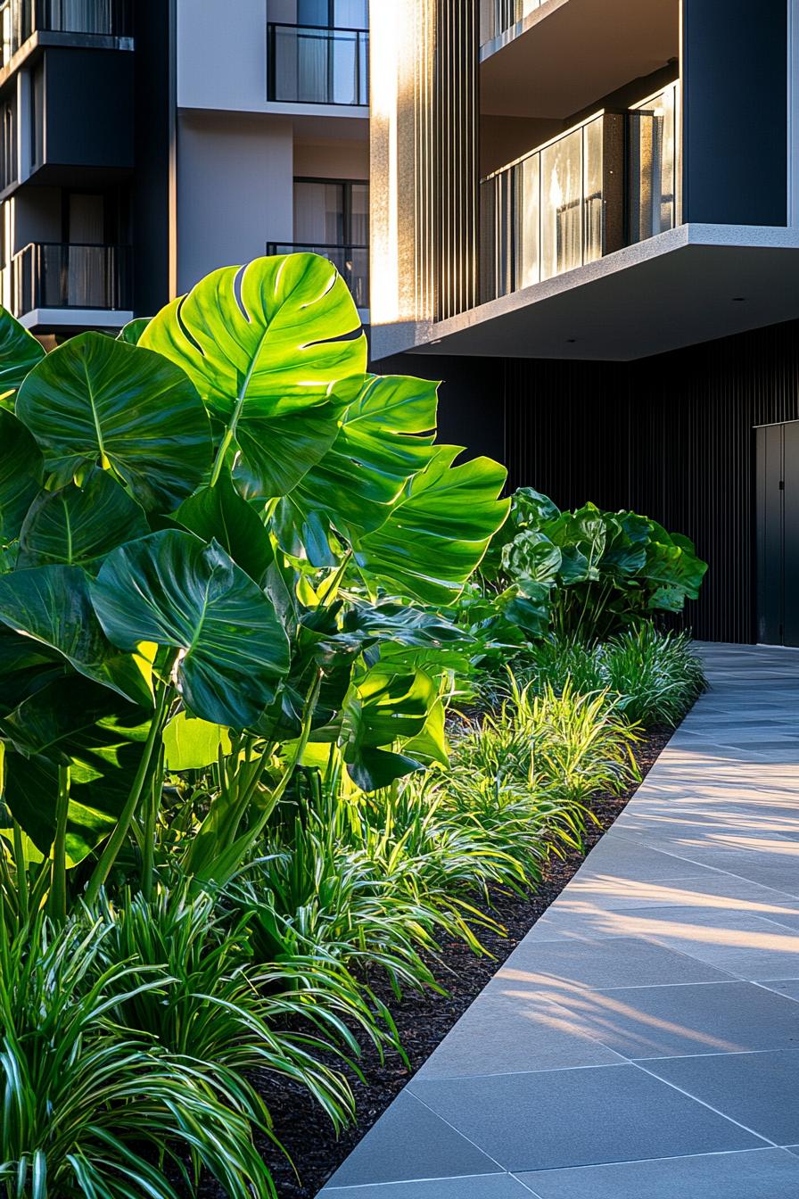 Large tropical plants line a modern walkway