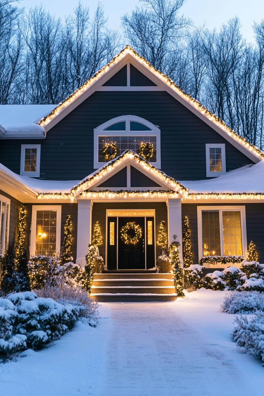 House with glowing Christmas lights and snow-covered landscape