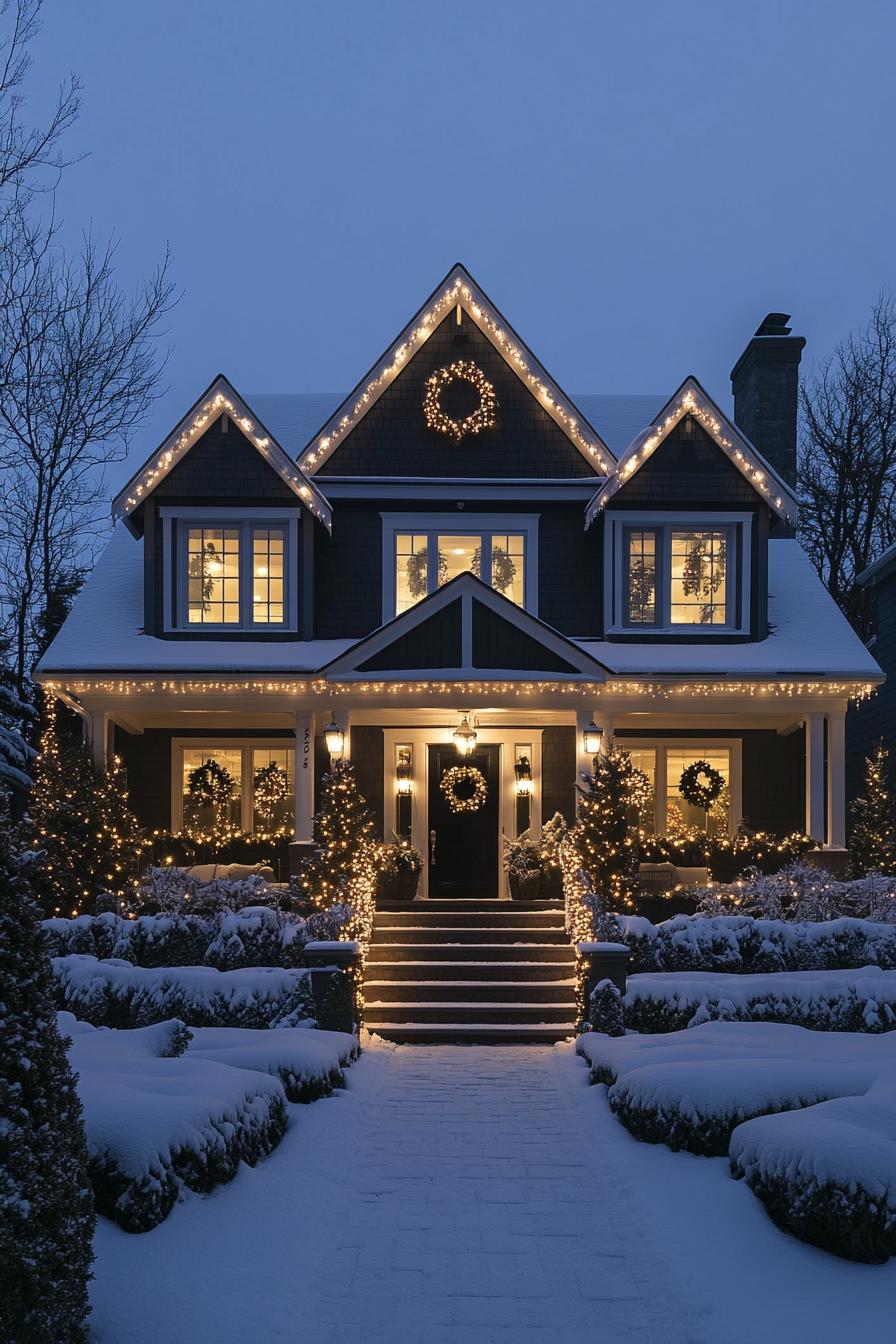 Cheerfully illuminated house adorned with wreaths