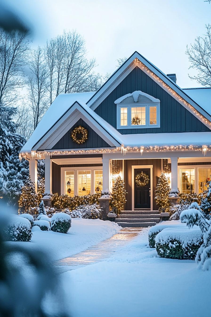 House adorned with lights and wreaths in a snowy setting