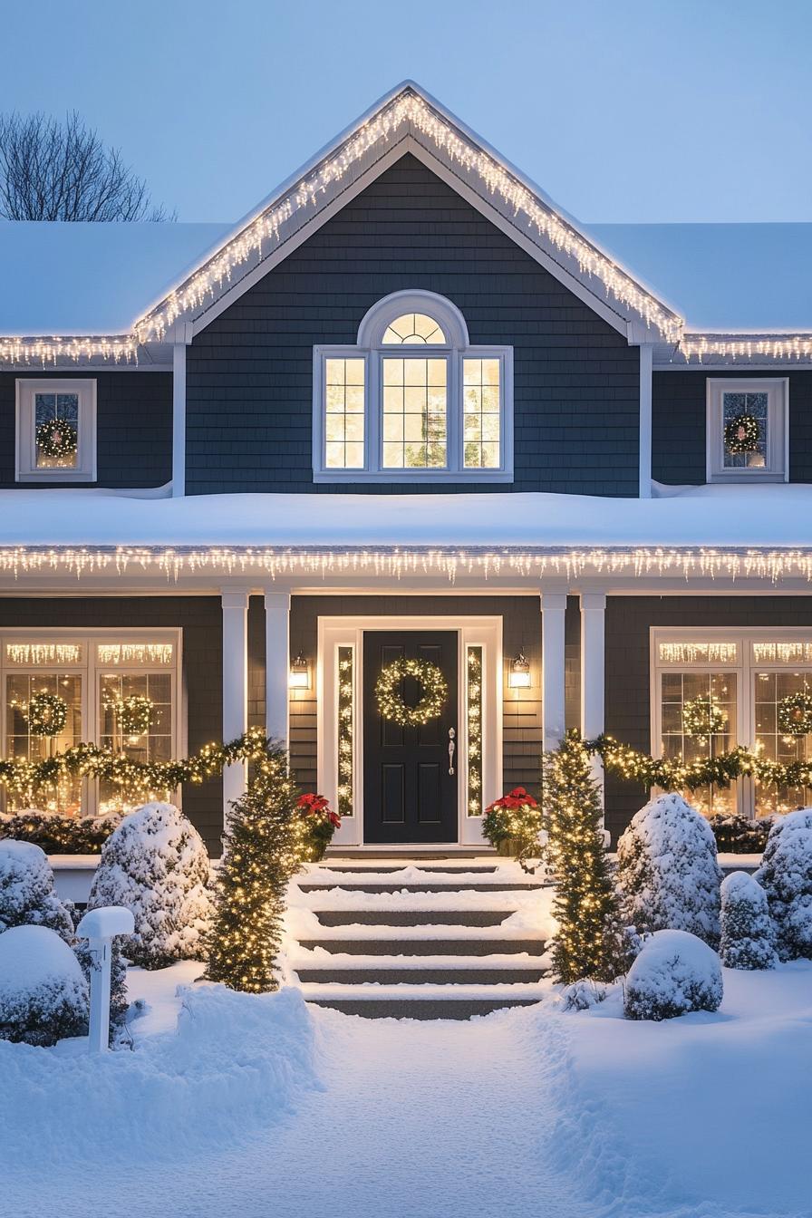 House decorated with Christmas lights and wreaths in the snow