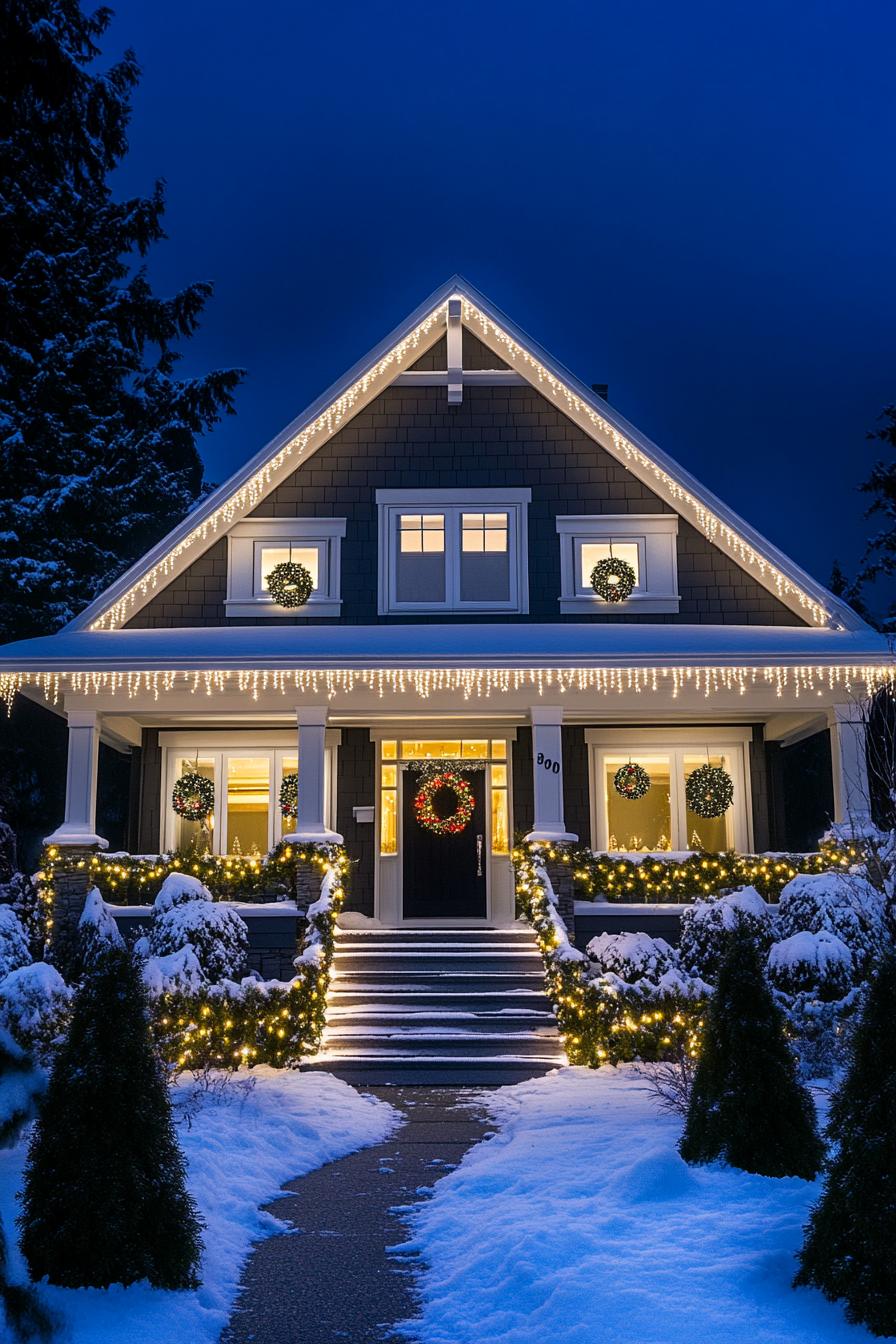 Cozy home with snow, wreaths, and Christmas lights