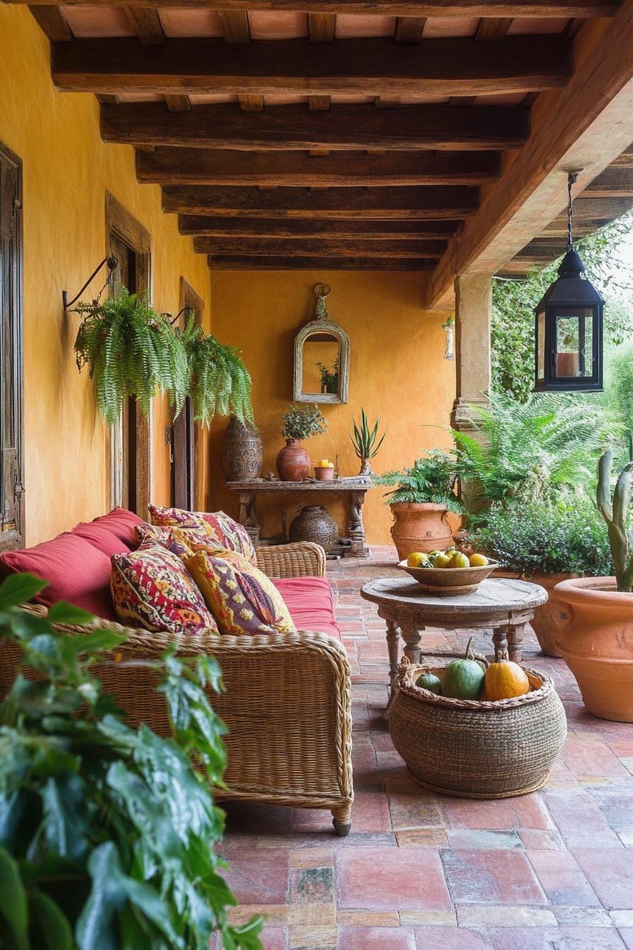 Wicker furniture with colorful cushions on a rustic terrace