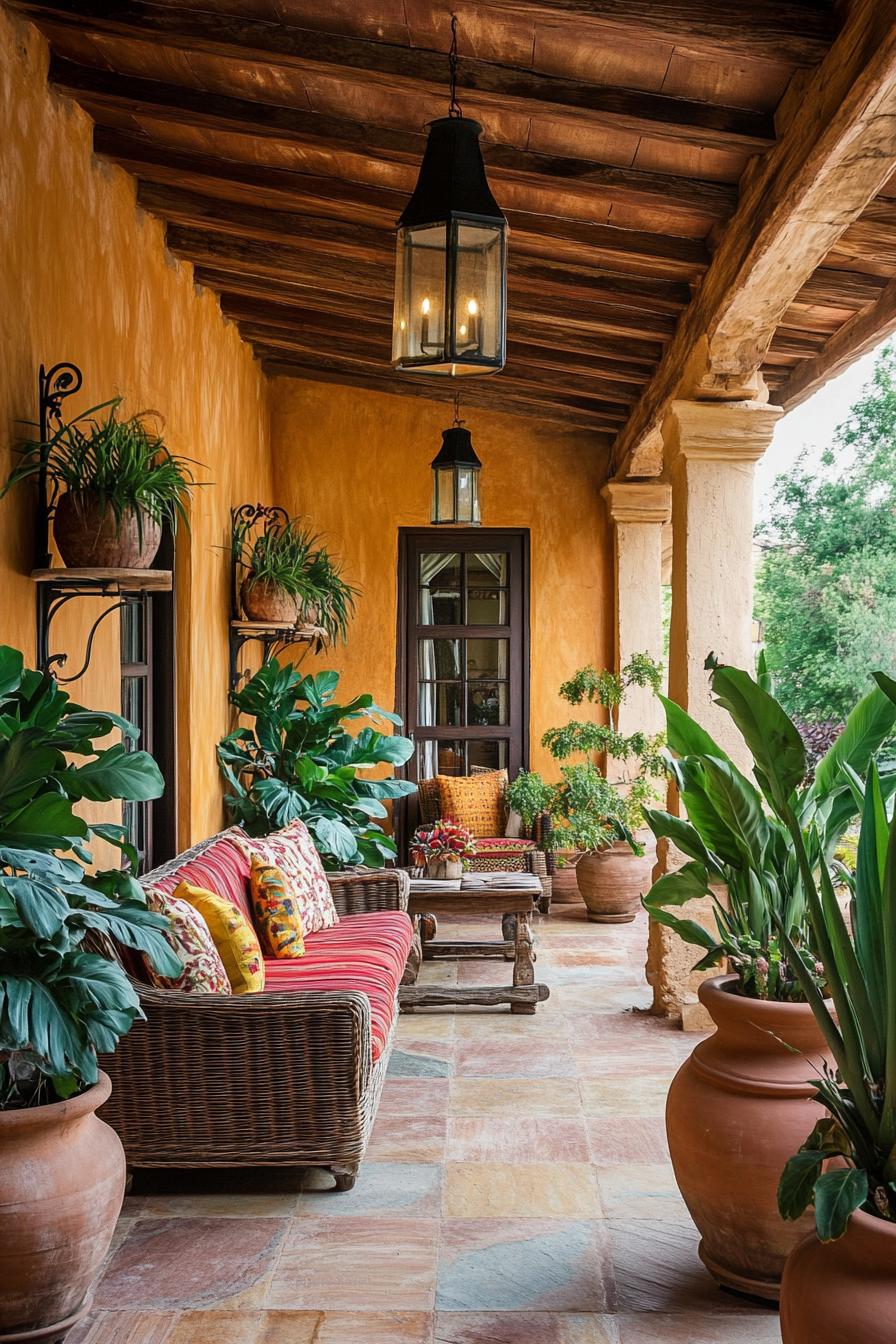 Rustic patio with orange walls, potted plants, and wicker furniture