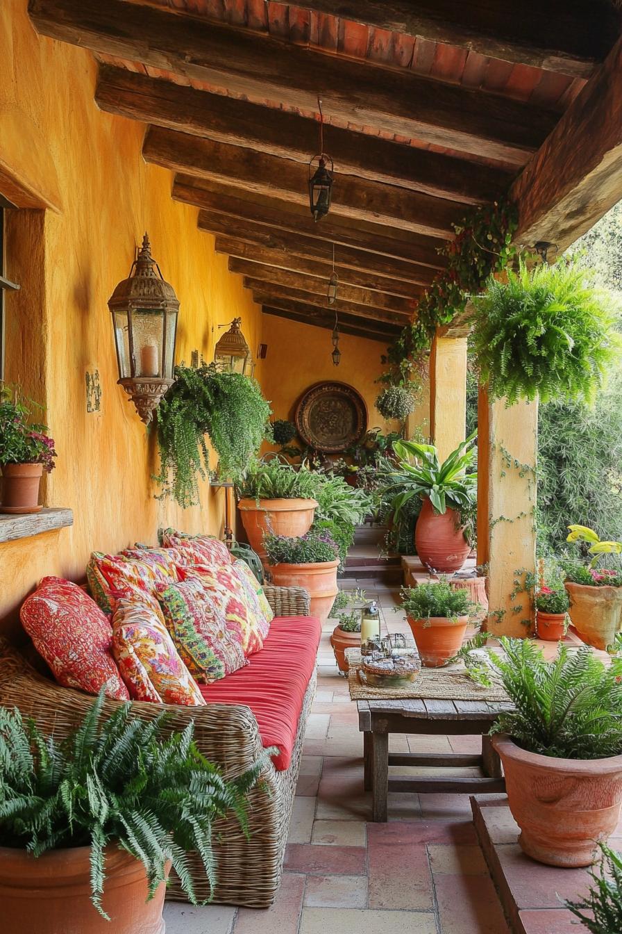 Vibrant patio with colorful cushions and lush plants