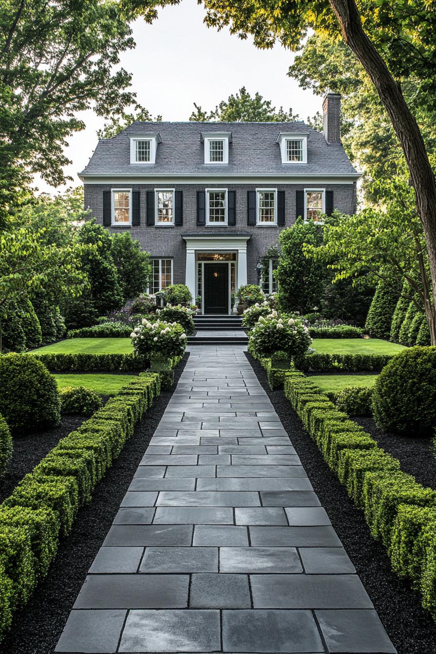 Sleek stone walkway leading to a grand house