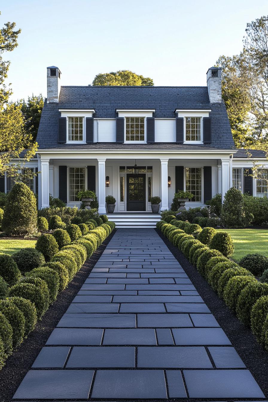 Black tile pathway leading to a stately white house, framed by manicured shrubs