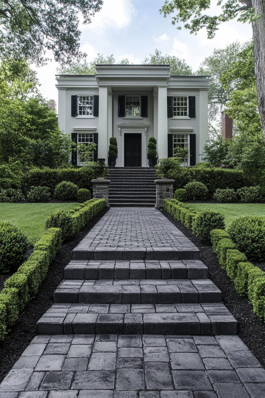 Stone path leading to a grand house with lush greenery