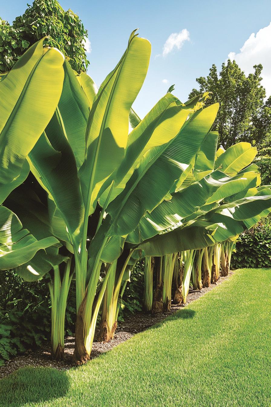 Tropical garden with large banana leaves