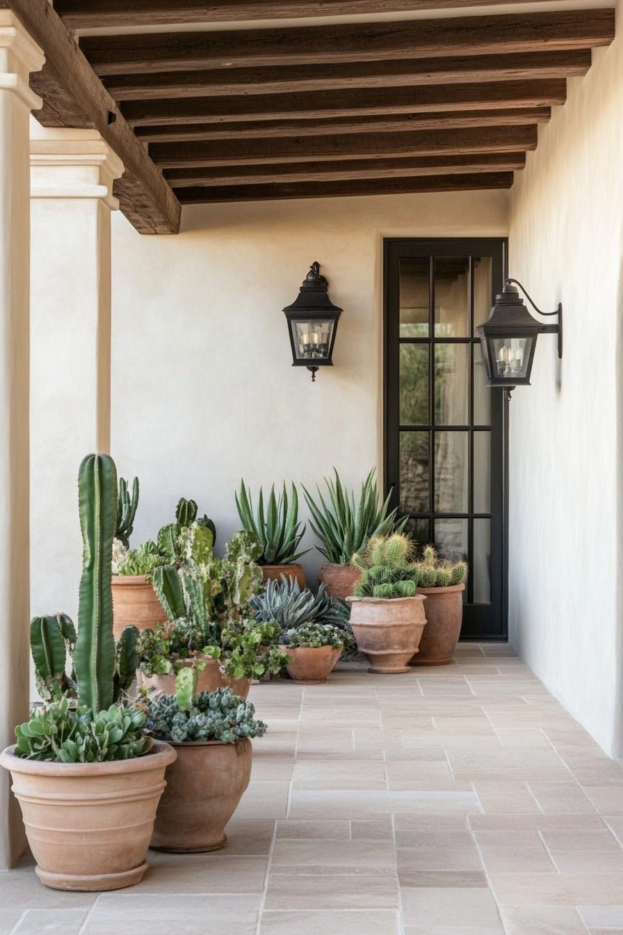 Terracotta pots with cacti and succulents on a tiled patio