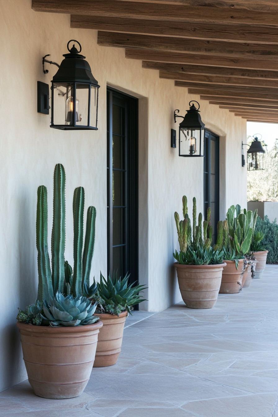 Cactus pots line a rustic veranda with hanging lanterns