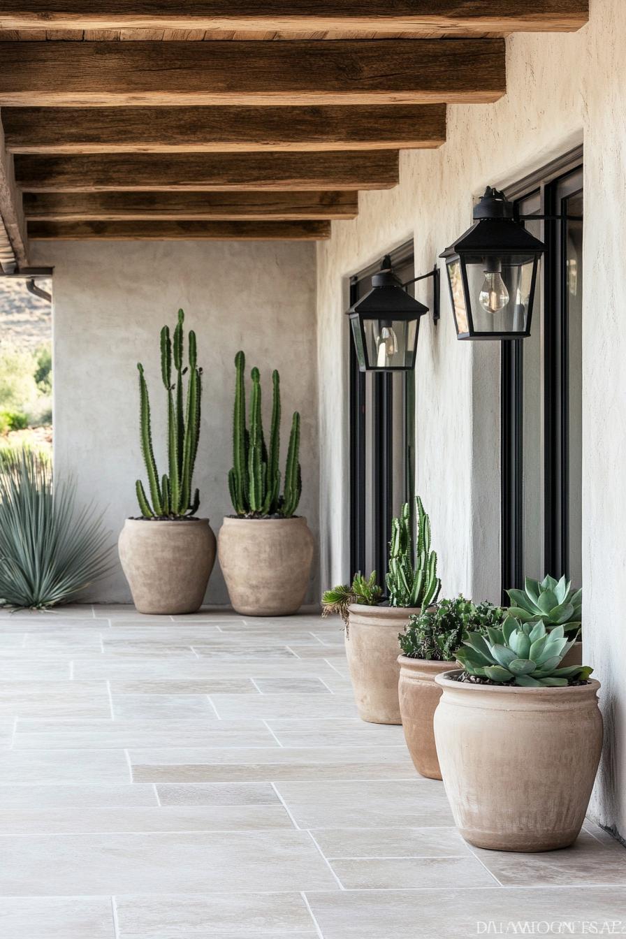 Terracotta pots with cacti on a sunlit terrace