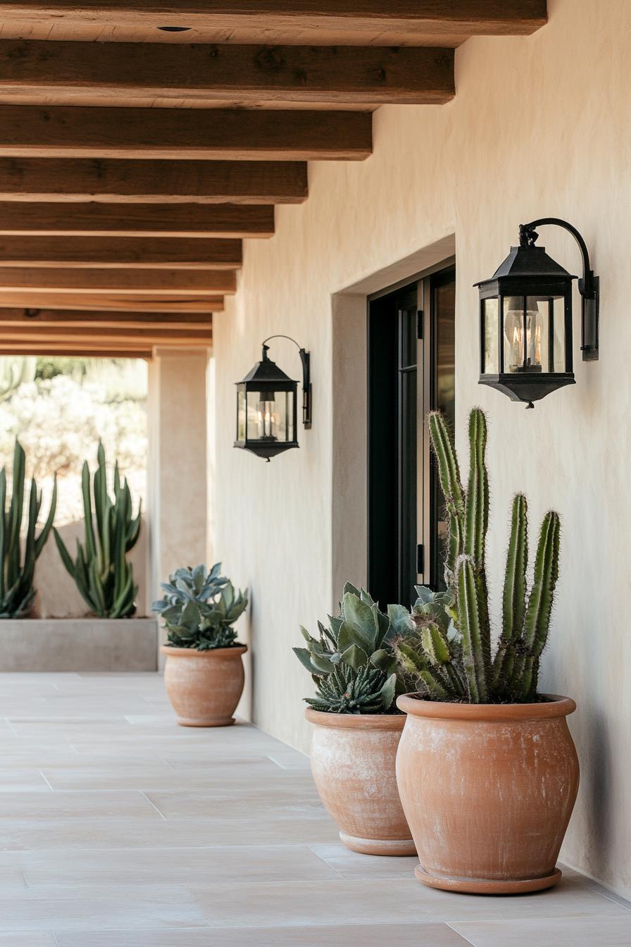 Terracotta pots with cacti on a covered terrace