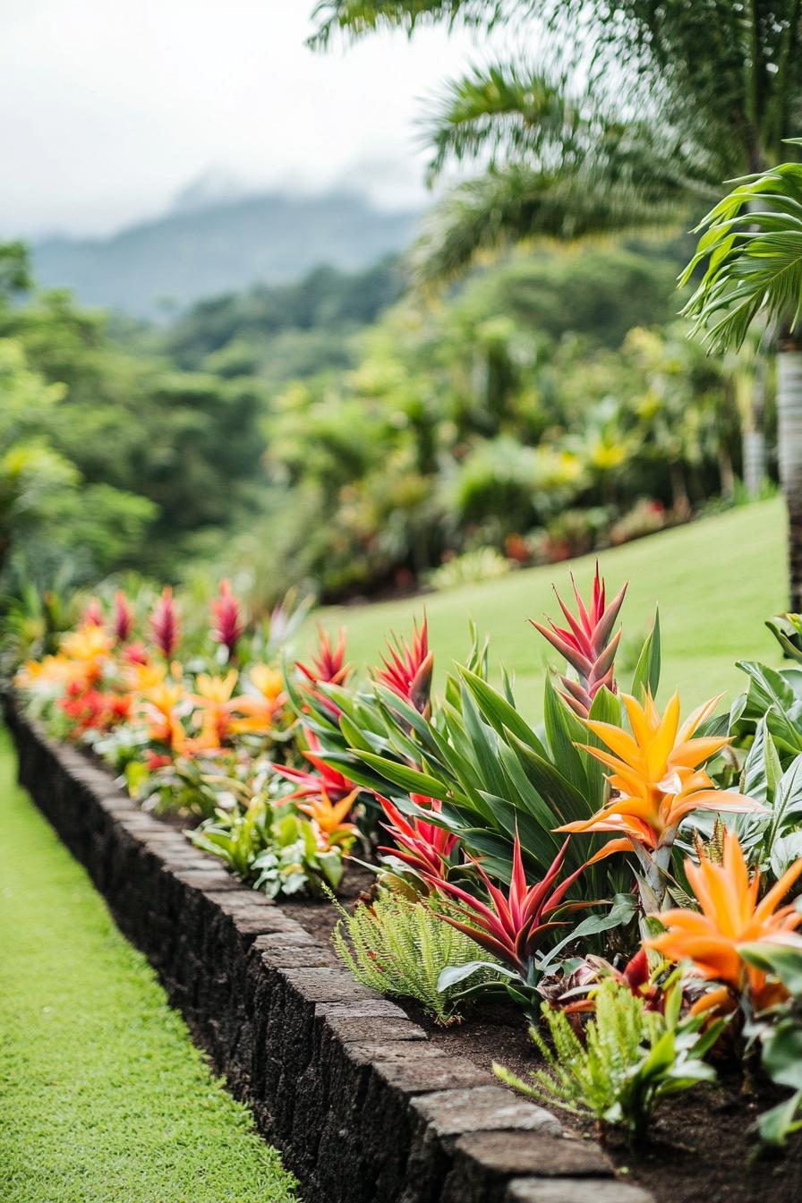 Colorful tropical plants beside a stone pathway