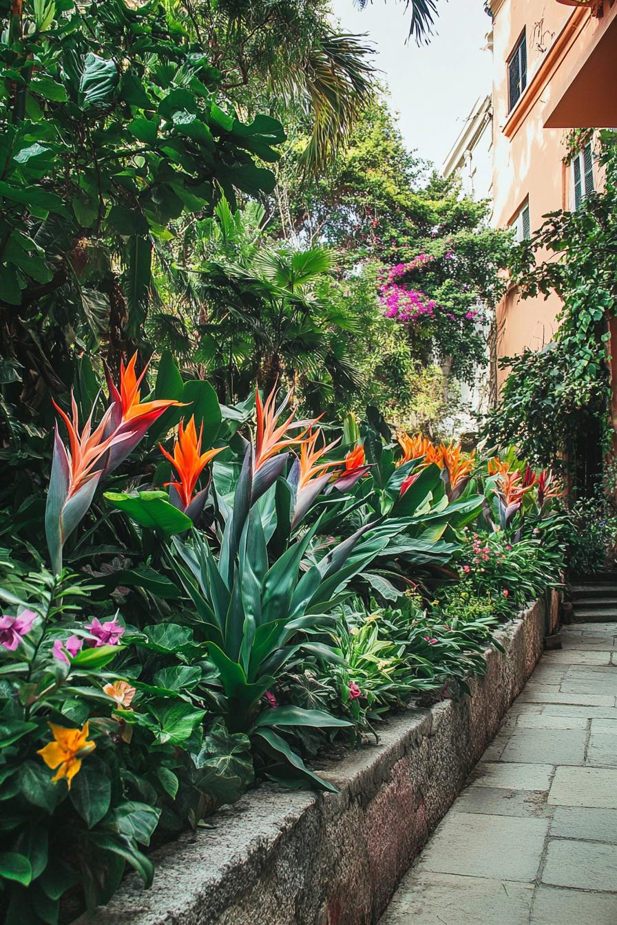 Tropical walkway with vibrant flowers and lush greenery