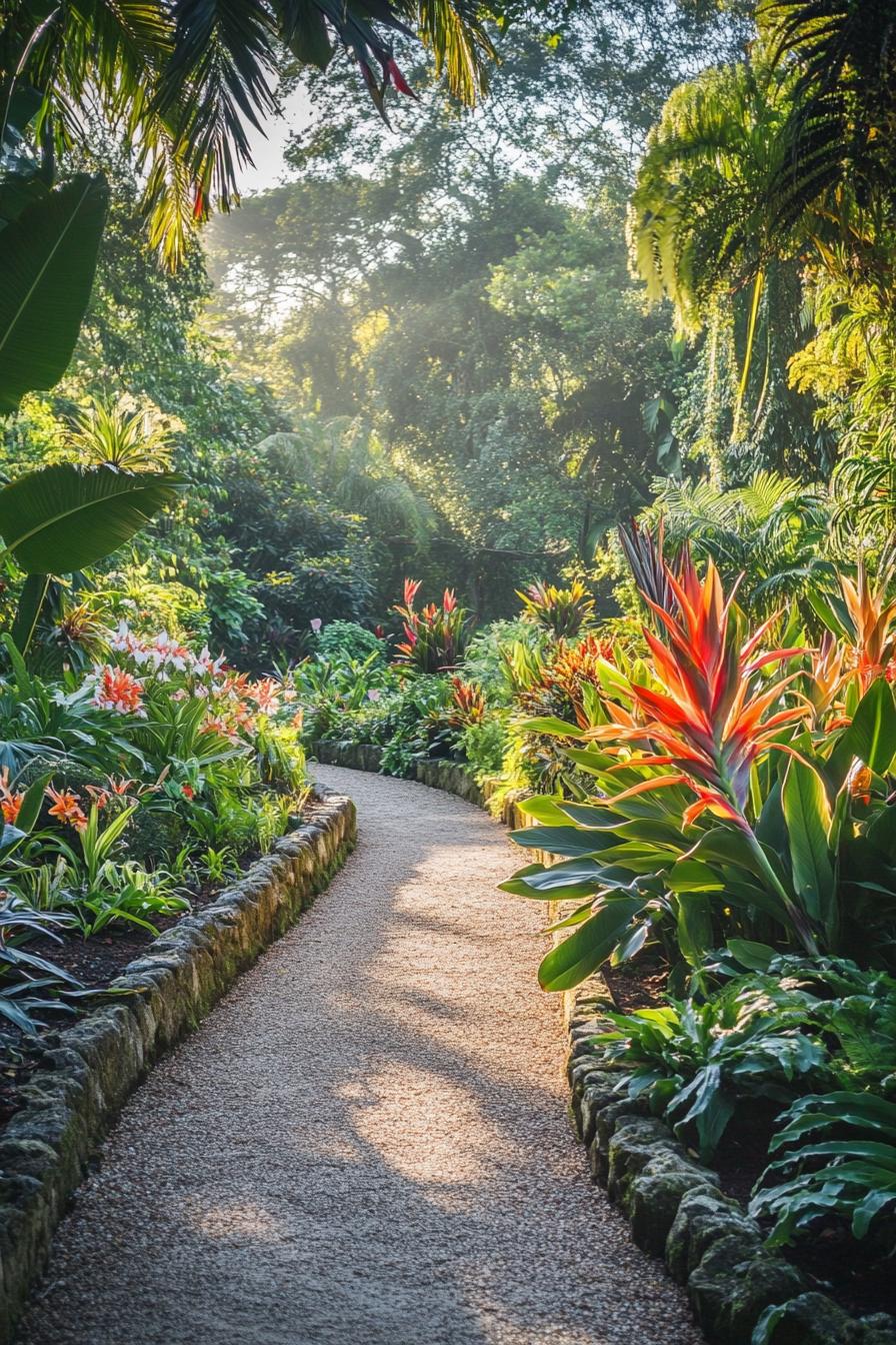 Tropical garden path with vibrant plants and trees